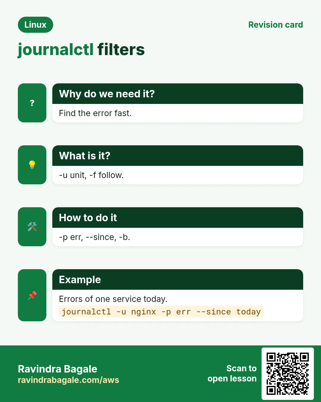 journalctl filters. Find the error fast. -u unit, -f follow. -p err, --since, -b. Errors of one service today.