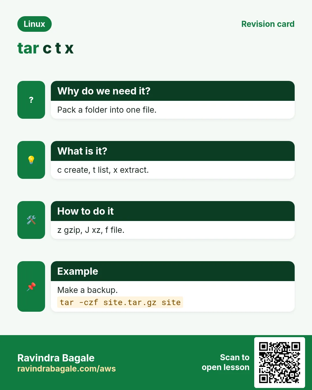 tar c t x. Pack a folder into one file. c create, t list, x extract. z gzip, J xz, f file. Make a backup.