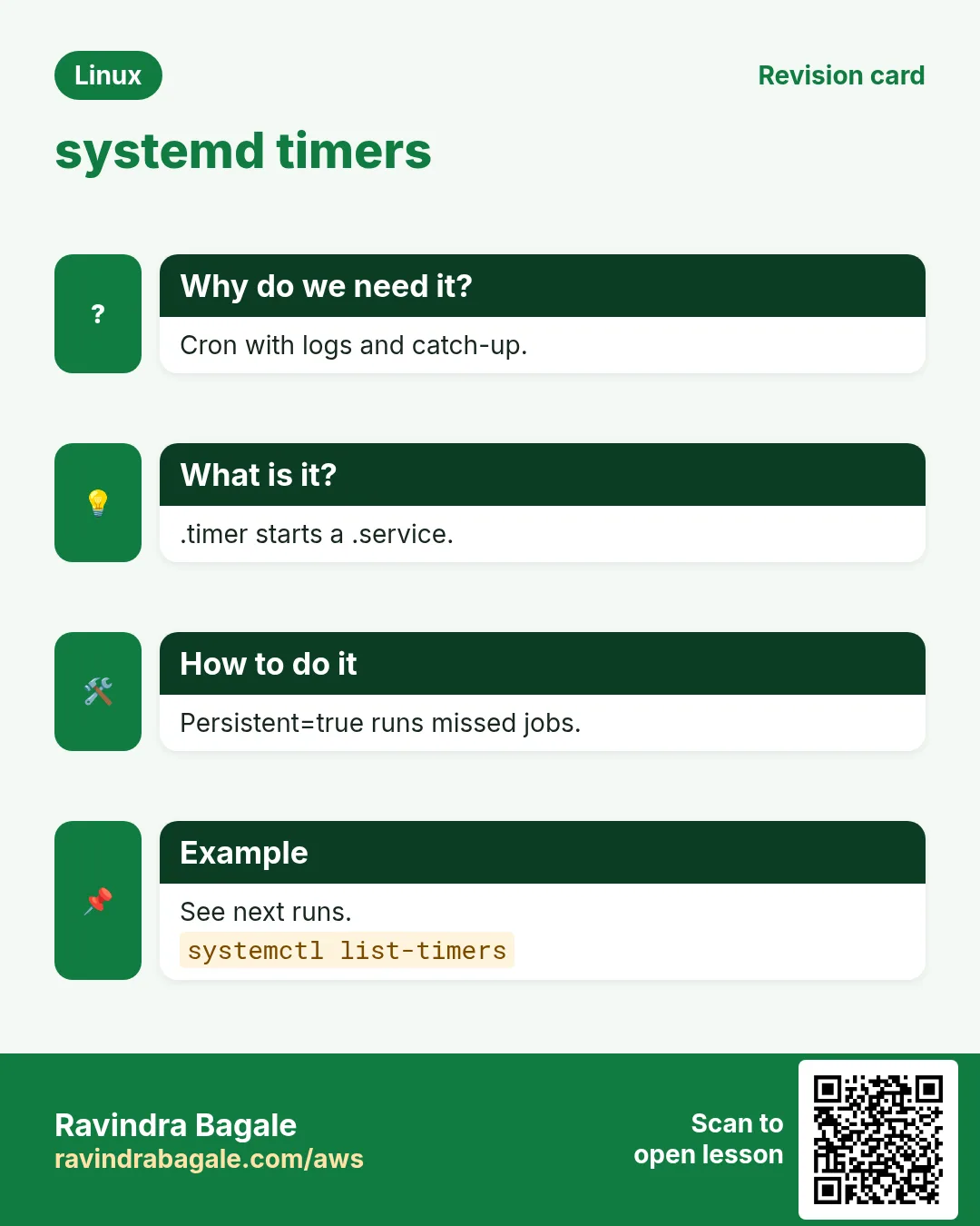 systemd timers. Cron with logs and catch-up. .timer starts a .service. Persistent=true runs missed jobs. See next runs.
