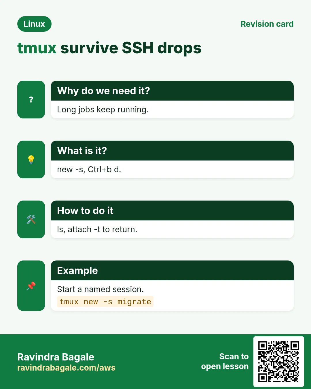tmux survive SSH drops. Long jobs keep running. new -s, Ctrl+b d. ls, attach -t to return. Start a named session.