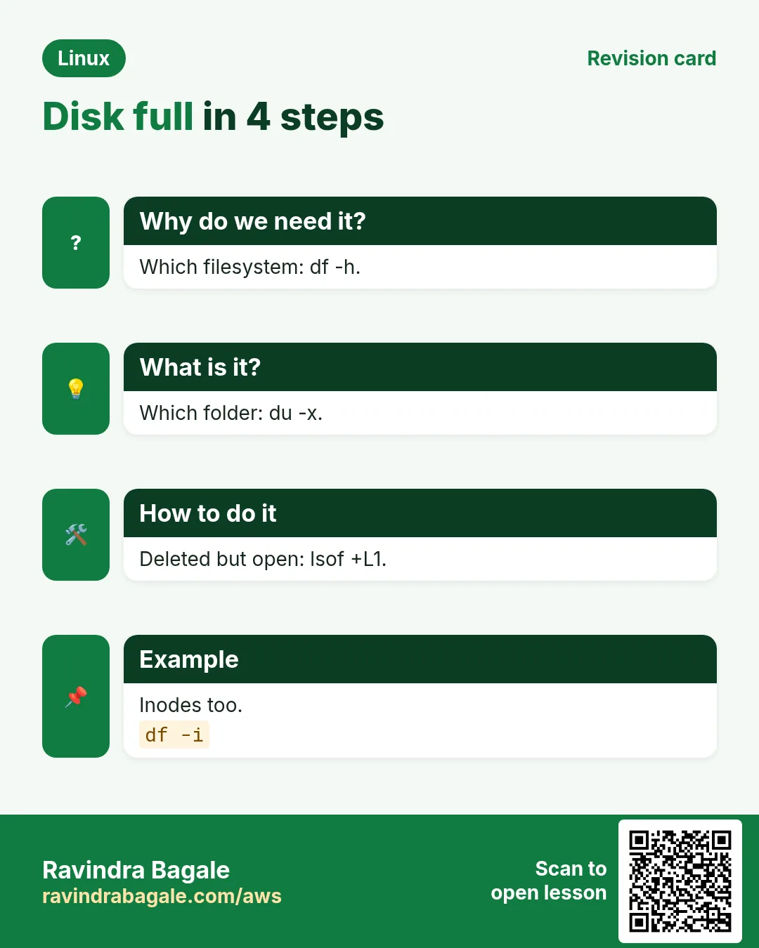 Disk full in 4 steps. Which filesystem: df -h. Which folder: du -x. Deleted but open: lsof +L1. Inodes too.