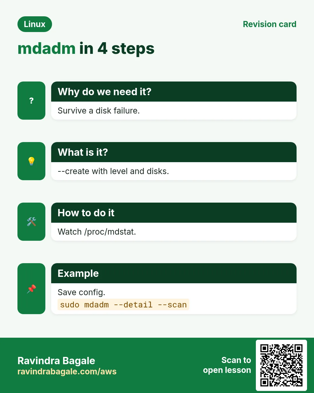 mdadm in 4 steps. Survive a disk failure. --create with level and disks. Watch /proc/mdstat. Save config.