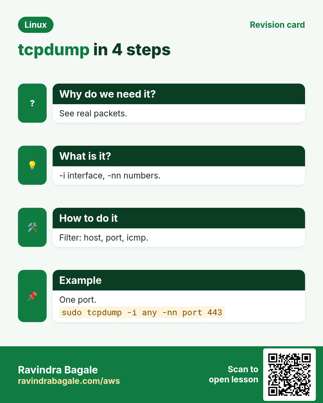 tcpdump in 4 steps. See real packets. -i interface, -nn numbers. Filter: host, port, icmp. One port.