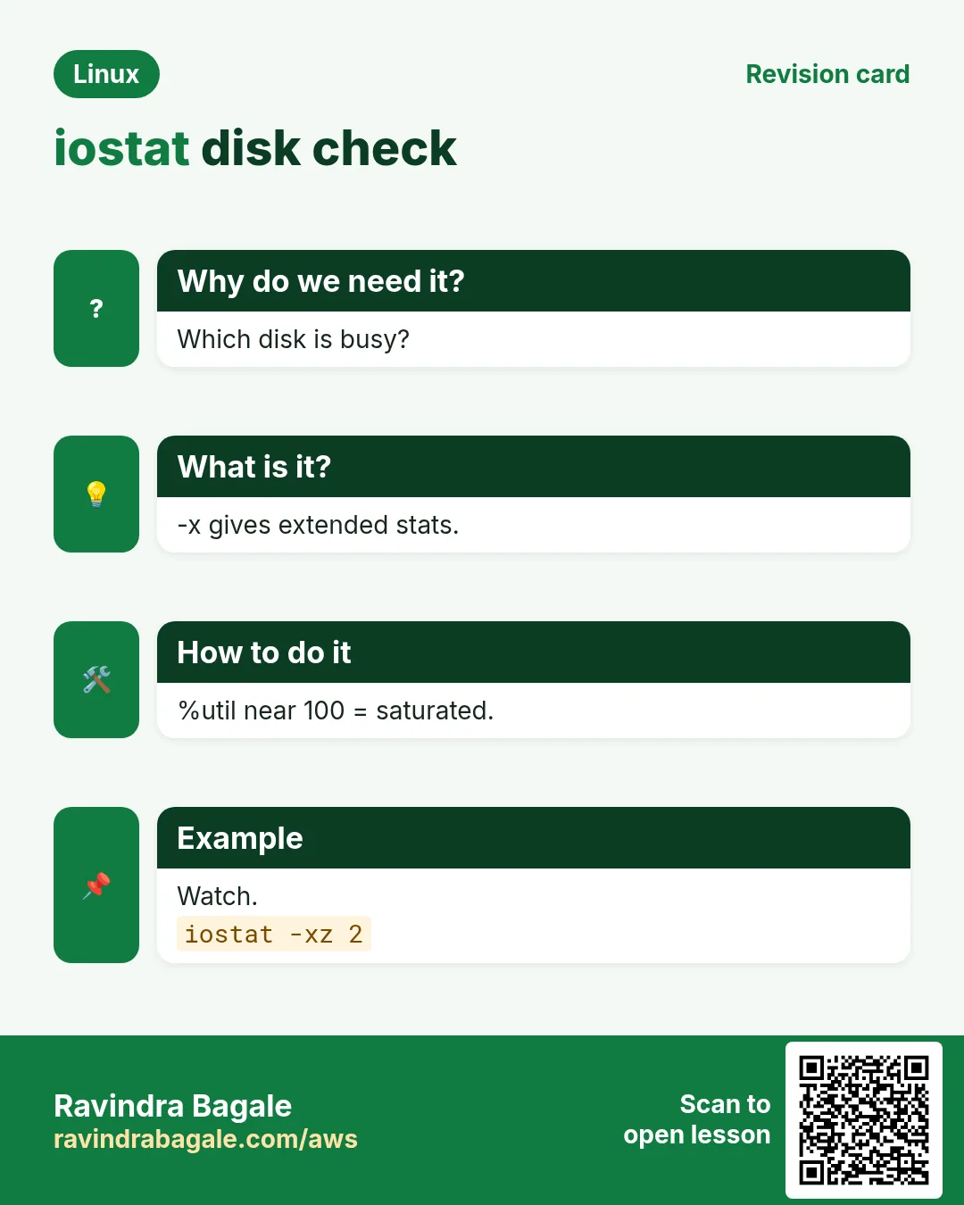 iostat disk check. Which disk is busy? -x gives extended stats. %util near 100 = saturated. Watch.