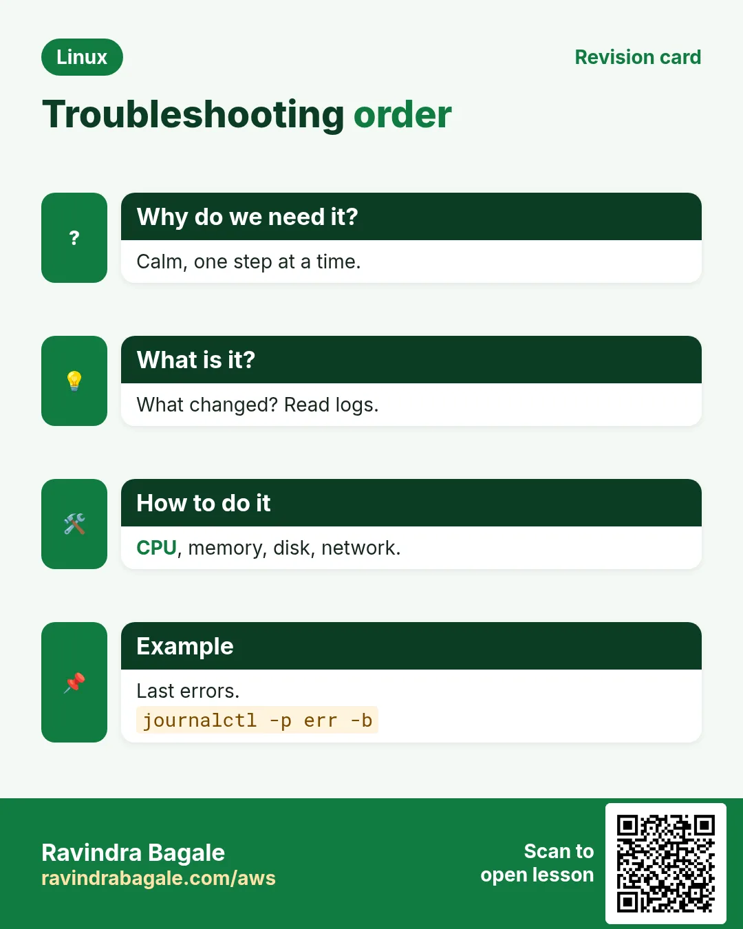 Troubleshooting order. Calm, one step at a time. What changed? Read logs. CPU, memory, disk, network. Last errors.