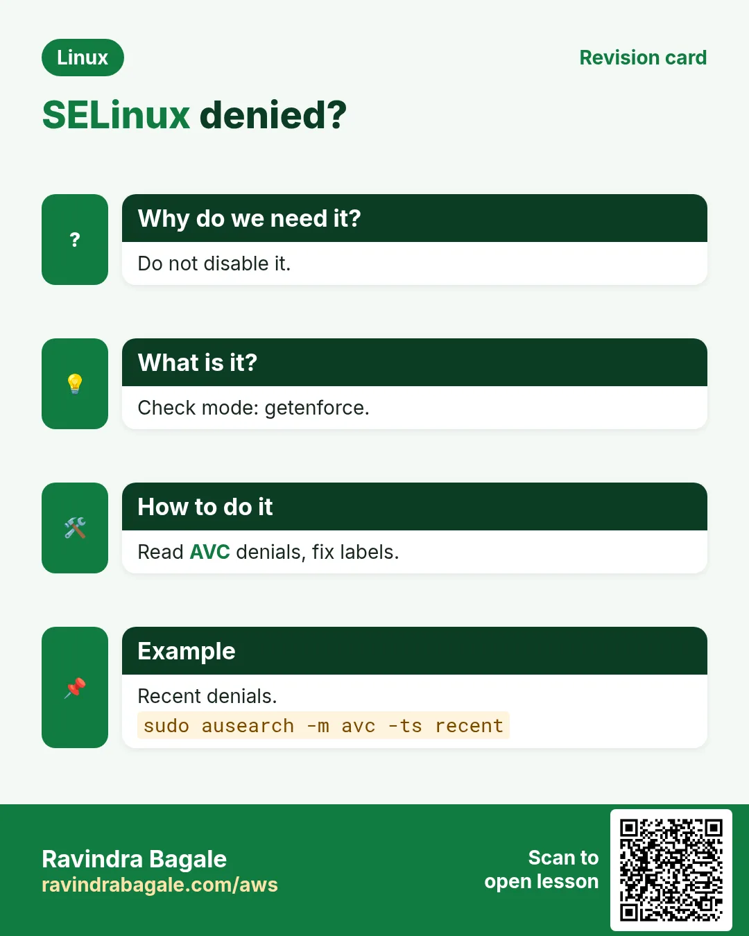 SELinux denied?. Do not disable it. Check mode: getenforce. Read AVC denials, fix labels. Recent denials.