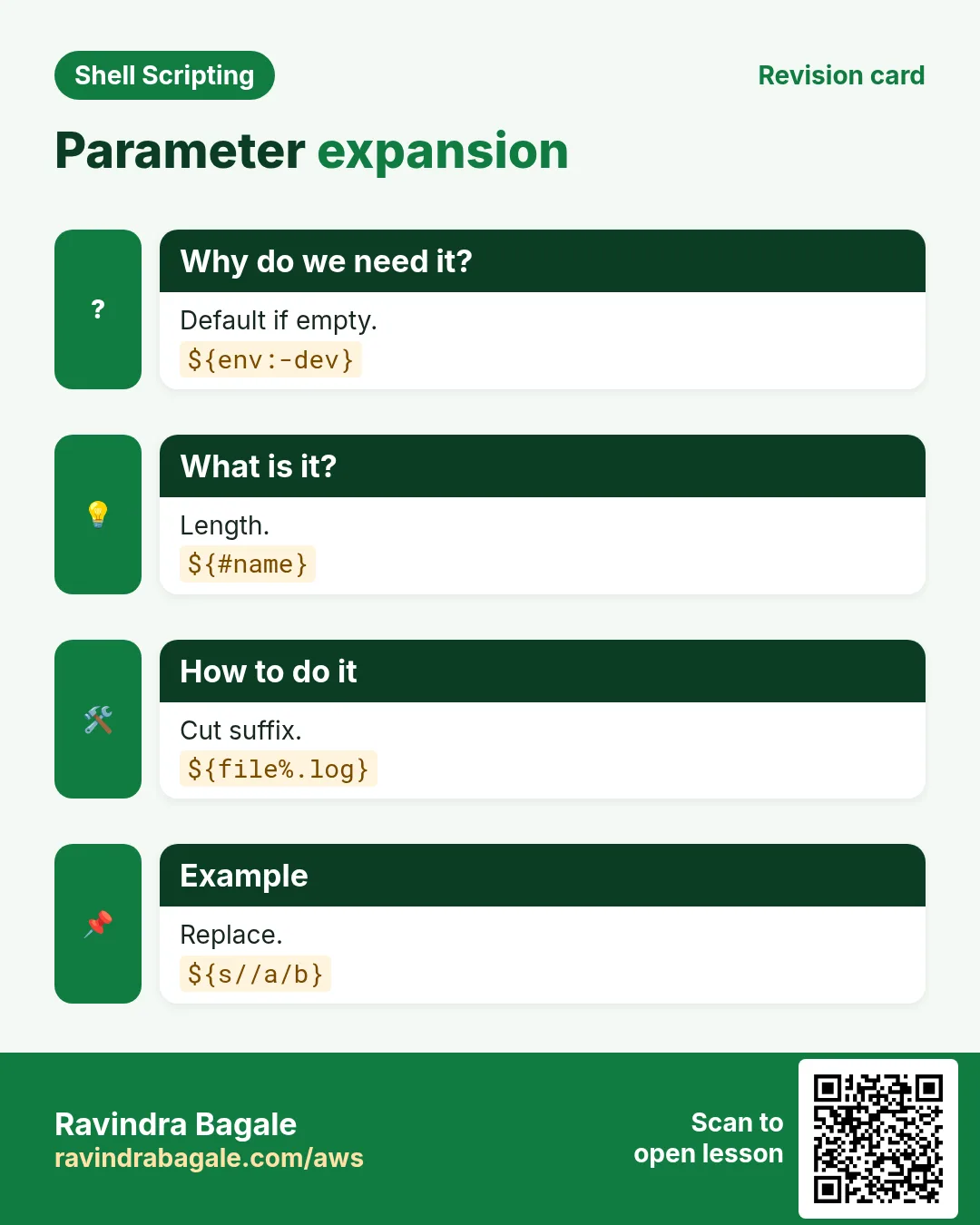 Parameter expansion. Default if empty. Length. Cut suffix. Replace.