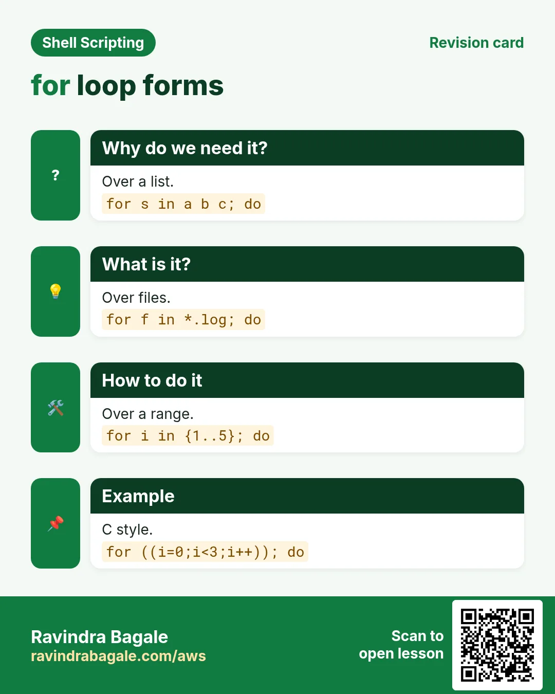 for loop forms. Over a list. Over files. Over a range. C style.