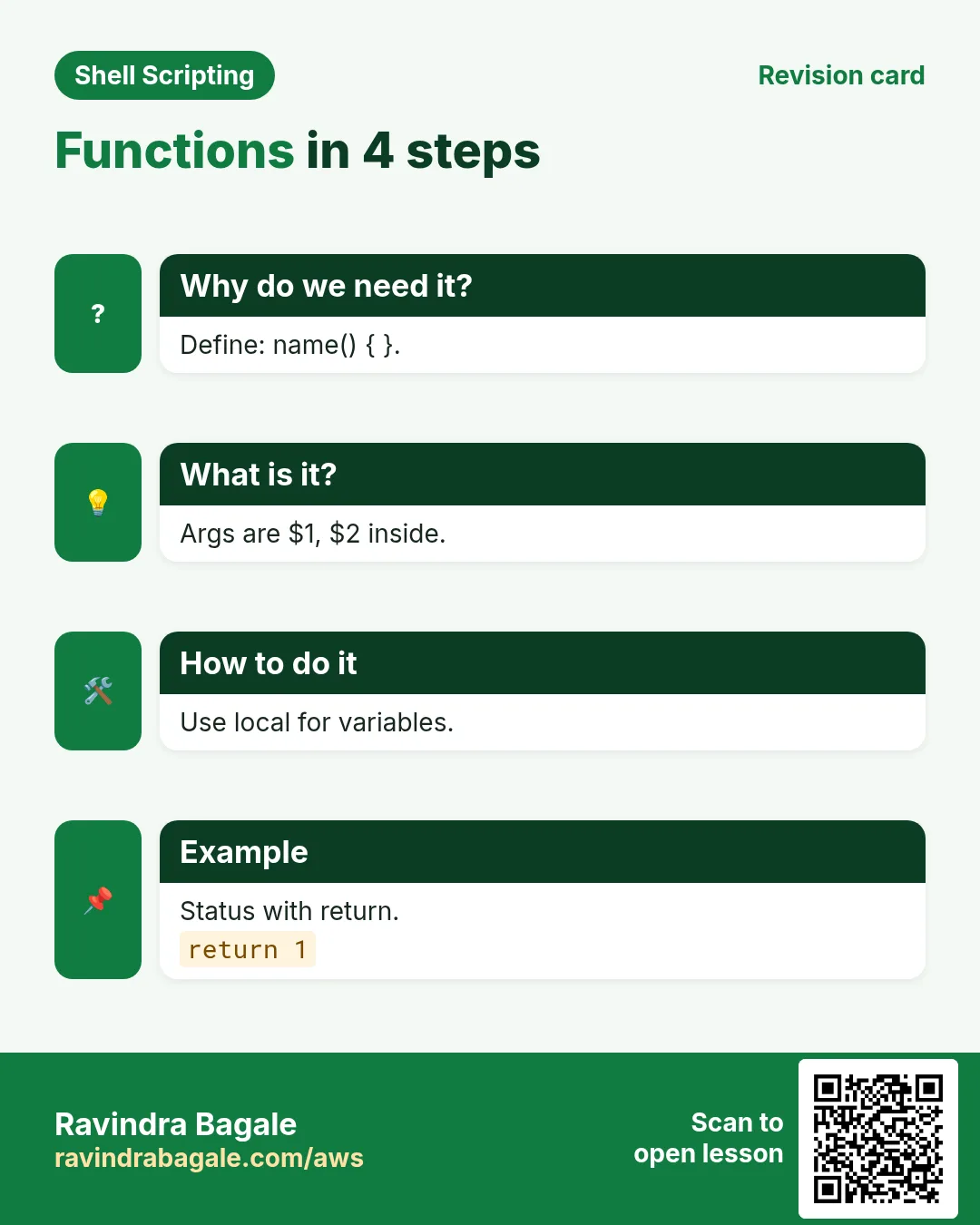 Functions in 4 steps. Define: name() { }. Args are $1, $2 inside. Use local for variables. Status with return.