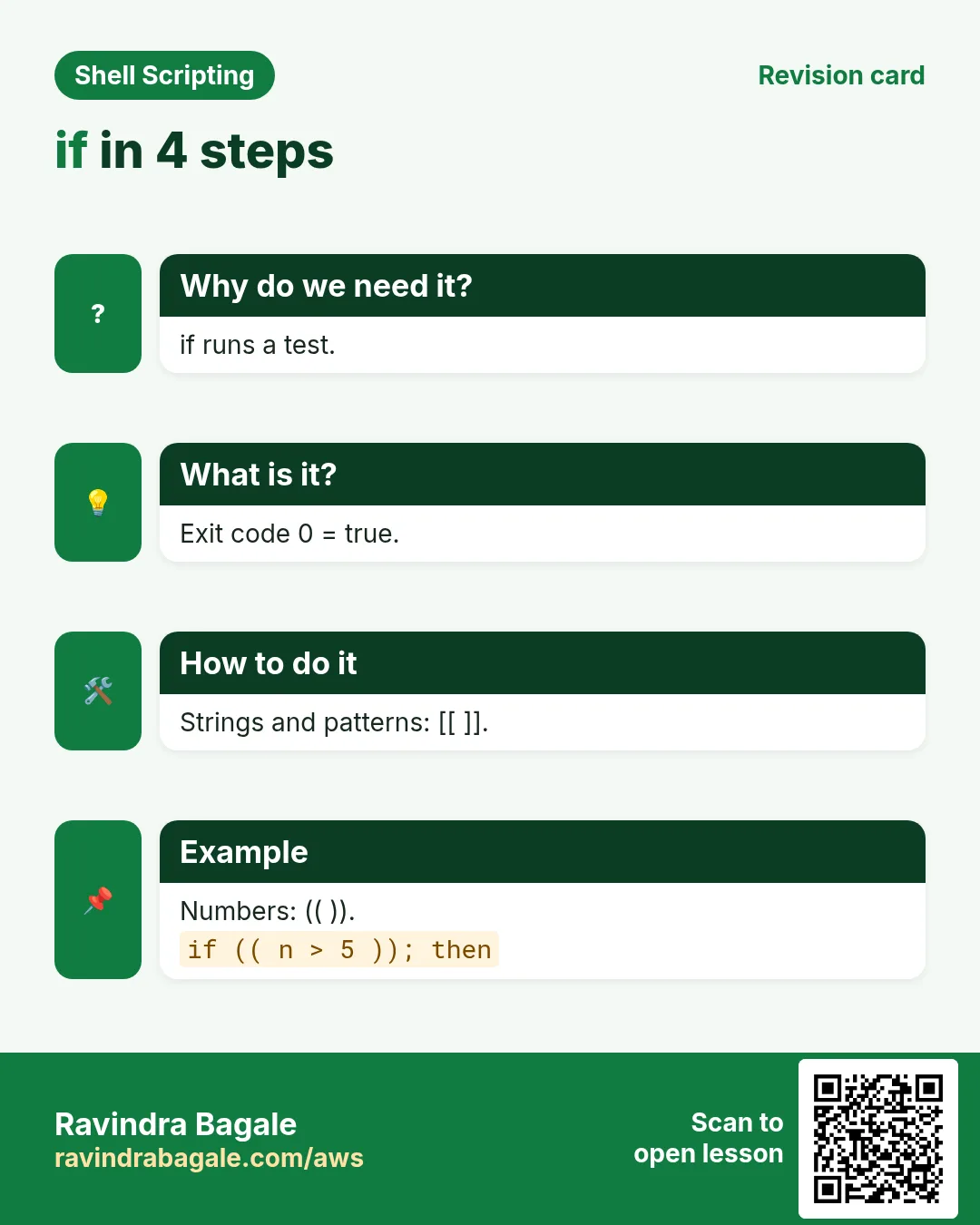 if in 4 steps. if runs a test. Exit code 0 = true. Strings and patterns: [[ ]]. Numbers: (( )).
