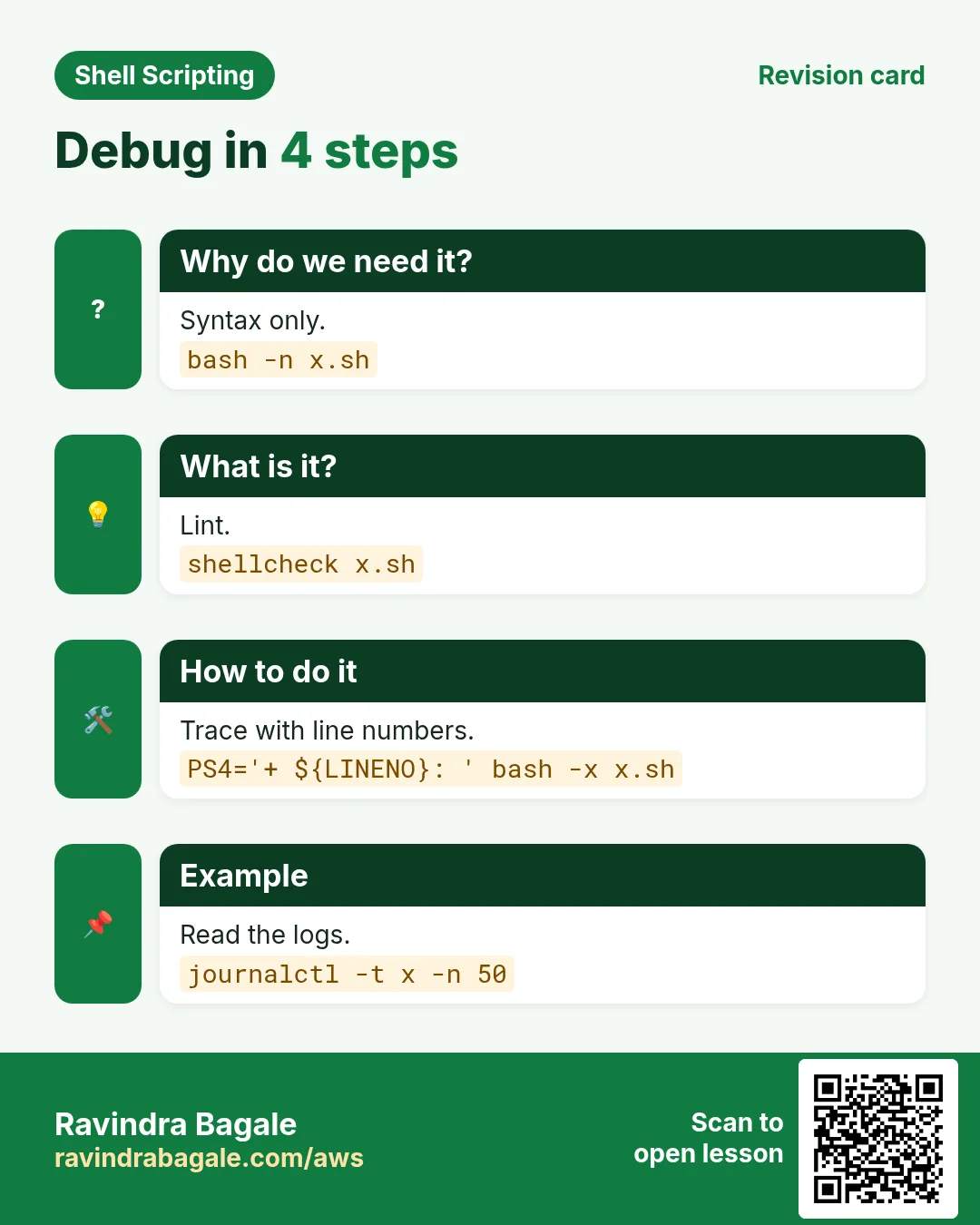 Debug in 4 steps. Syntax only. Lint. Trace with line numbers. Read the logs.