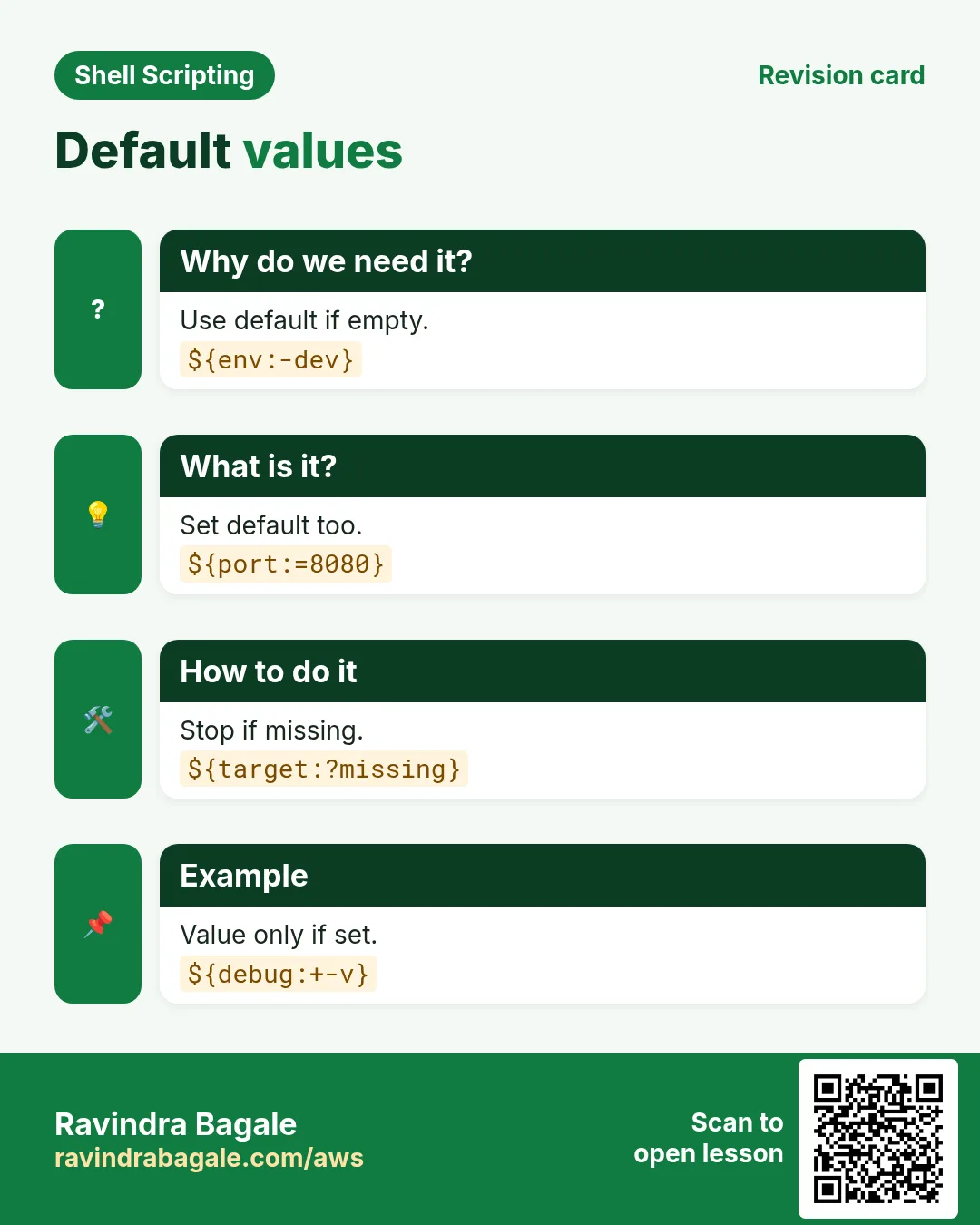 Default values. Use default if empty. Set default too. Stop if missing. Value only if set.