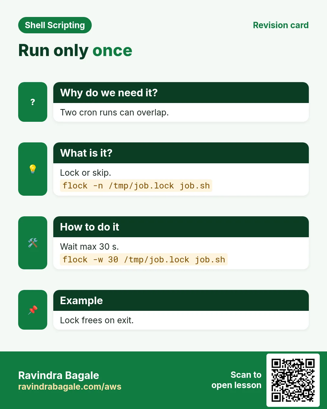 Run only once. Two cron runs can overlap. Lock or skip. Wait max 30 s. Lock frees on exit.
