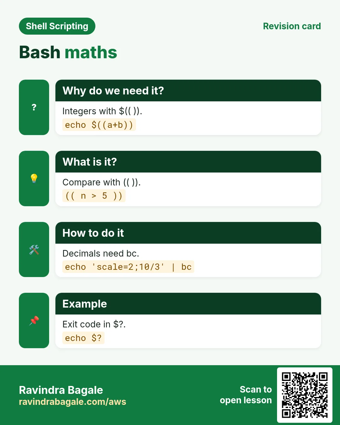 Bash maths. Integers with $(( )). Compare with (( )). Decimals need bc. Exit code in $?.