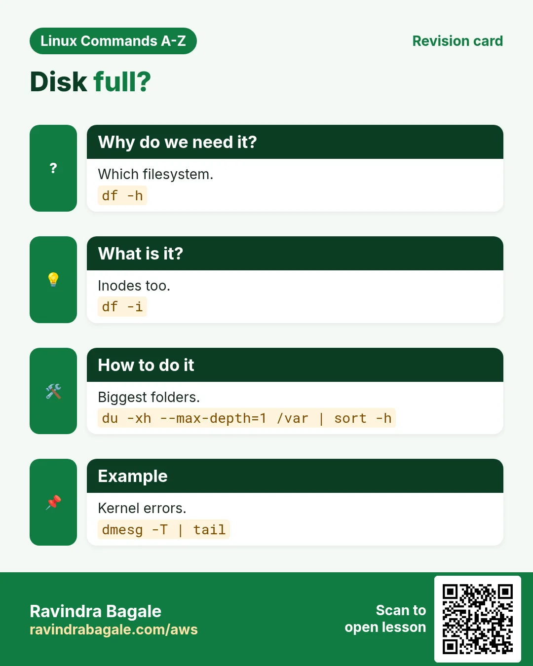 Disk full?. Which filesystem. Inodes too. Biggest folders. Kernel errors.