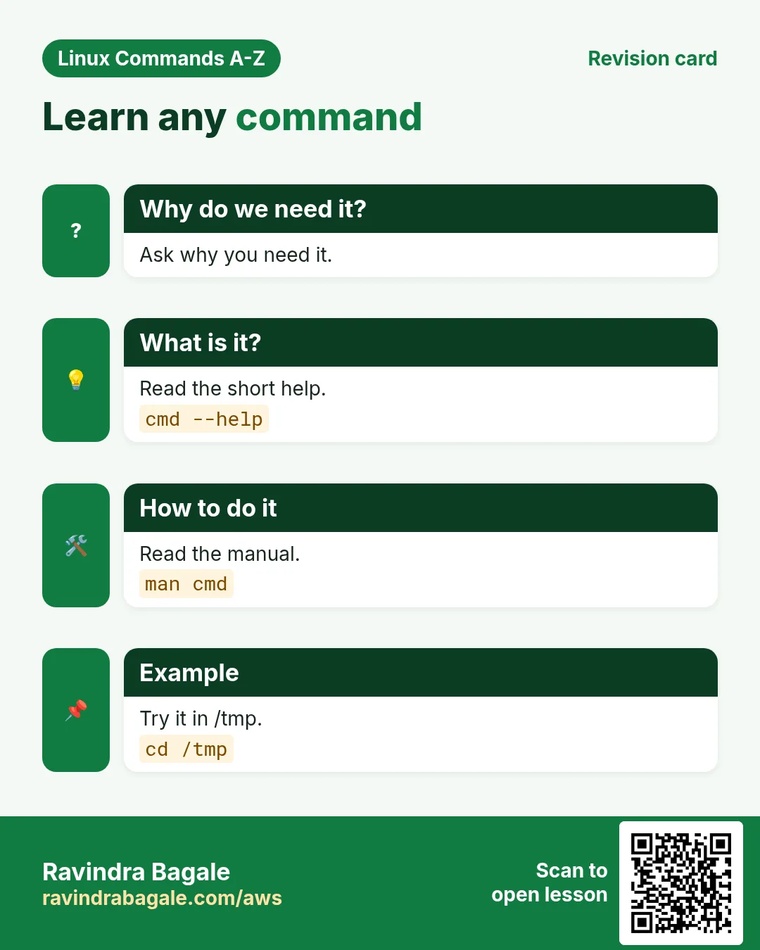Learn any command. Ask why you need it. Read the short help. Read the manual. Try it in /tmp.