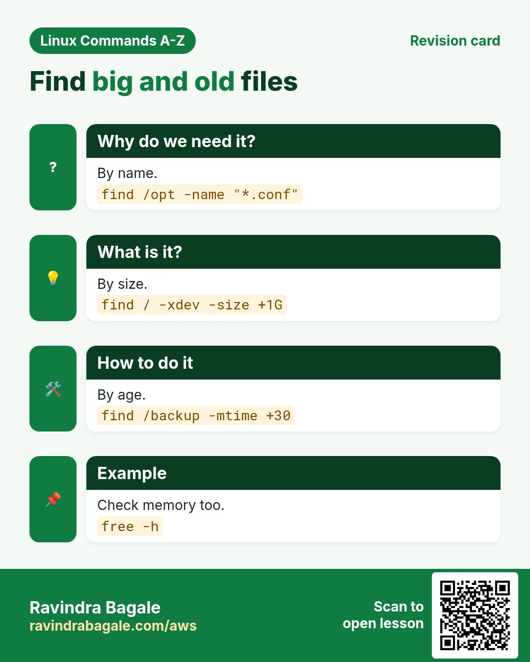 Find big and old files. By name. By size. By age. Check memory too.