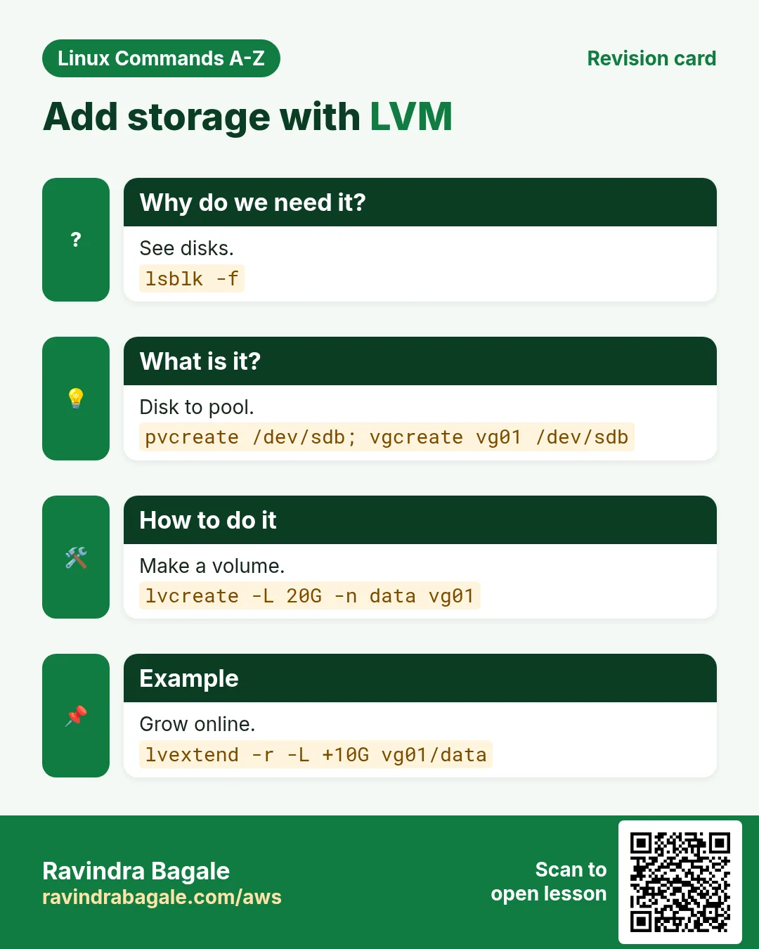 Add storage with LVM. See disks. Disk to pool. Make a volume. Grow online.
