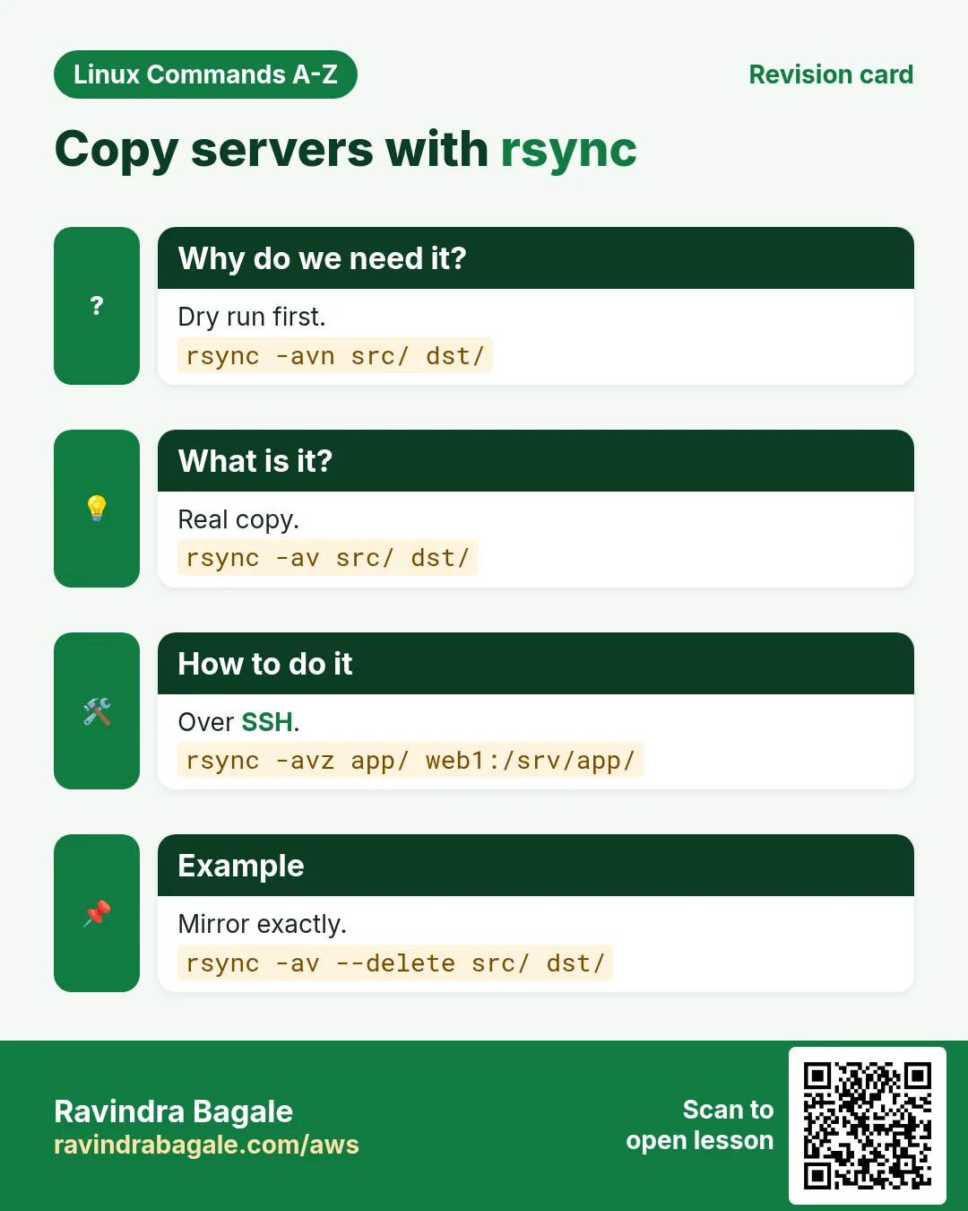 Copy servers with rsync. Dry run first. Real copy. Over SSH. Mirror exactly.