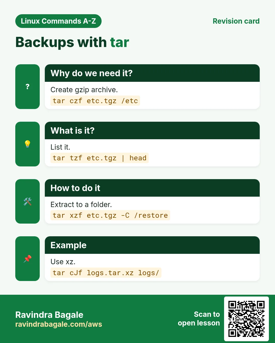 Backups with tar. Create gzip archive. List it. Extract to a folder. Use xz.