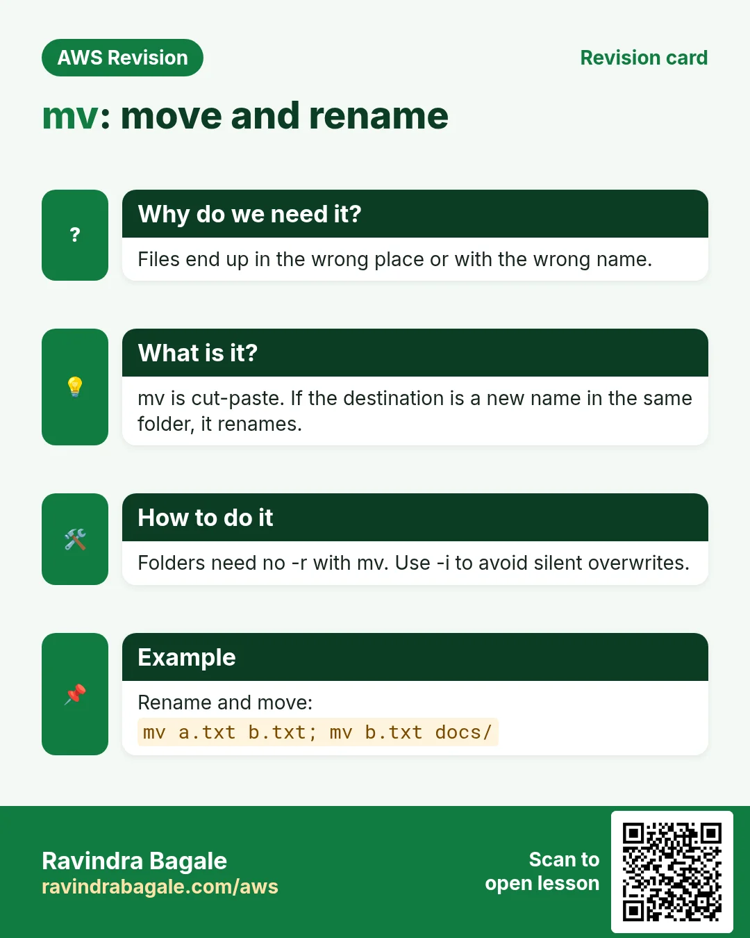 Revision card: mv: move and rename. Files end up in the wrong place or with the wrong name. mv is cut-paste. If the destination is a new name in the same folder, it renames. Folders need no -r with mv. Use -i to avoid silent overwrites. Rename and move: