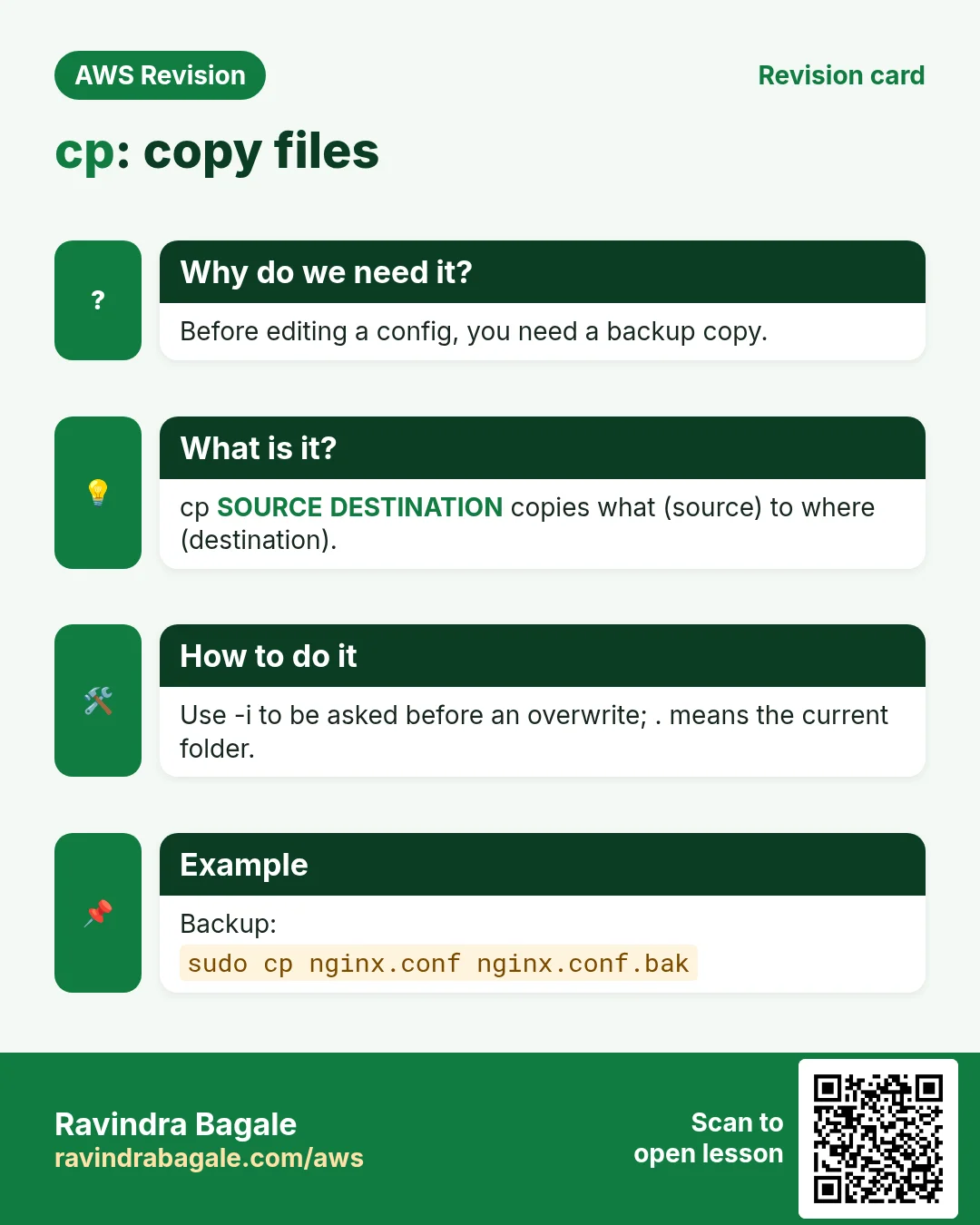 Revision card: cp: copy files. Before editing a config, you need a backup copy. cp SOURCE DESTINATION copies what (source) to where (destination). Use -i to be asked before an overwrite; . means the current folder. Backup:
