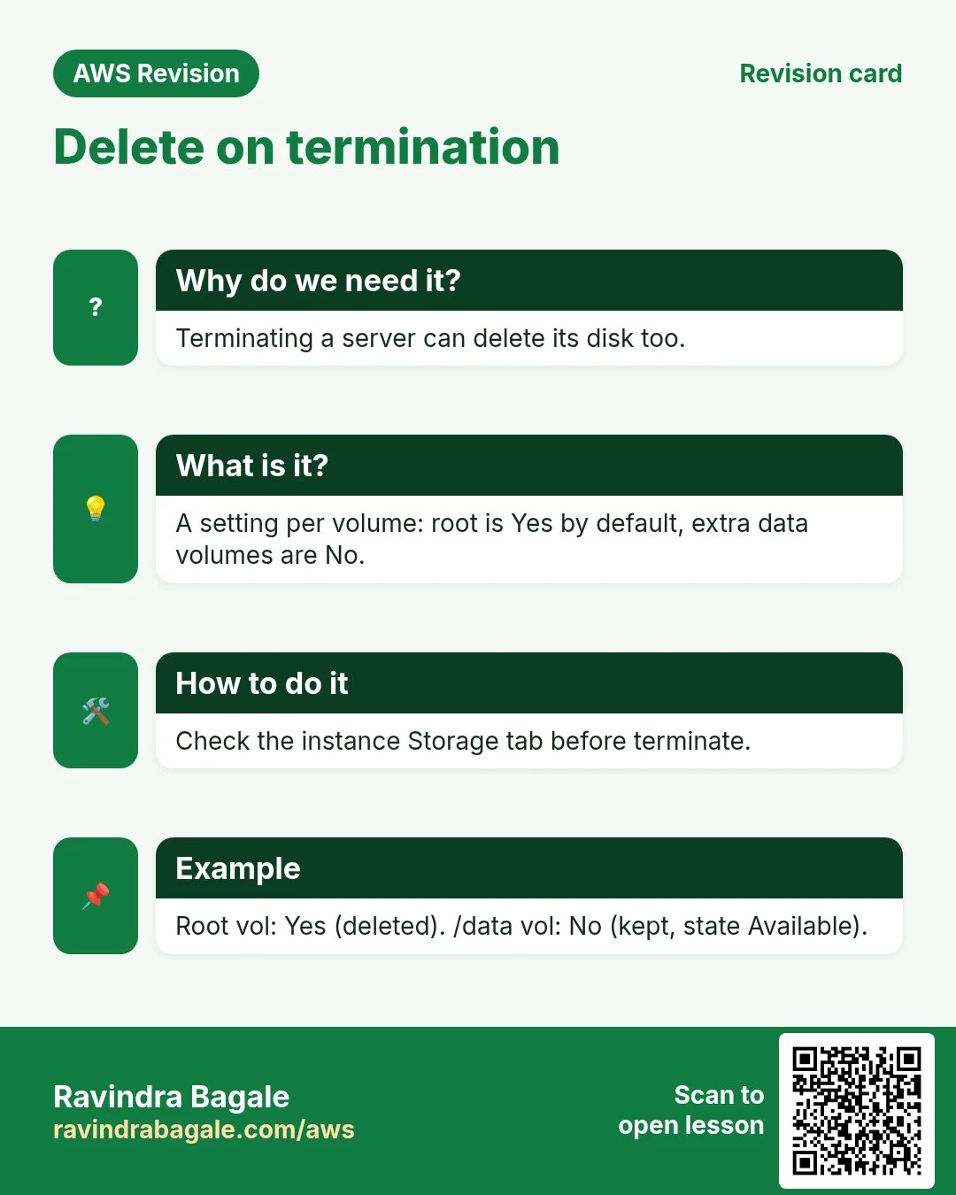 Revision card: Delete on termination. Terminating a server can delete its disk too. A setting per volume: root is Yes by default, extra data volumes are No. Check the instance Storage tab before terminate. Root vol: Yes (deleted). /data vol: No (kept, state Available).