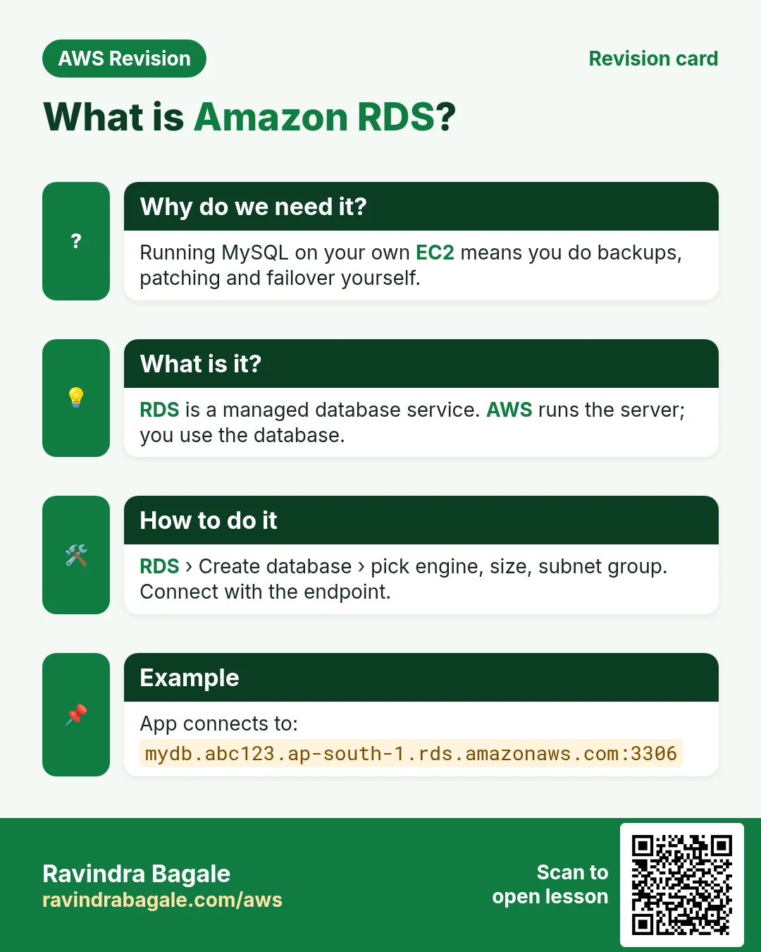Revision card: What is Amazon RDS?. Running MySQL on your own EC2 means you do backups, patching and failover yourself. RDS is a managed database service. AWS runs the server; you use the database. RDS › Create database › pick engine, size, subnet group. Connect with the endpoint. App connects to: