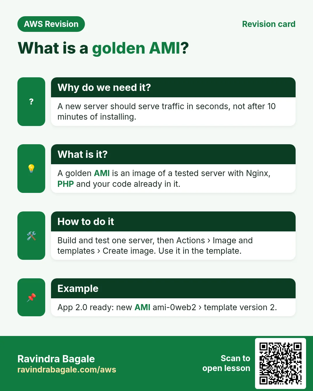 Revision card: What is a golden AMI?. A new server should serve traffic in seconds, not after 10 minutes of installing. A golden AMI is an image of a tested server with Nginx, PHP and your code already in it. Build and test one server, then Actions › Image and templates › Create image. Use it in the template. App 2.0 ready: new AMI ami-0web2 › template version 2.