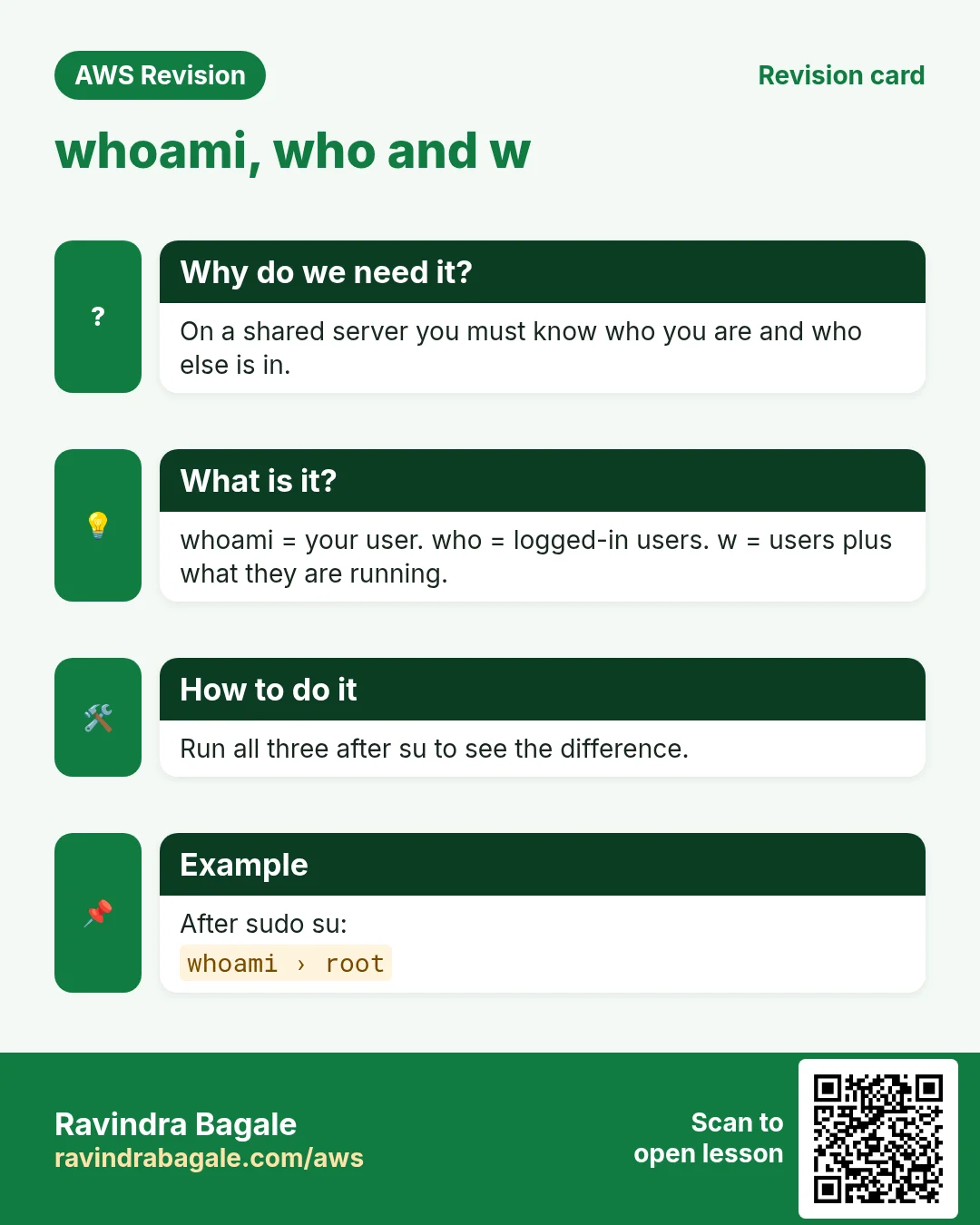 Revision card: whoami, who and w. On a shared server you must know who you are and who else is in. whoami = your user. who = logged-in users. w = users plus what they are running. Run all three after su to see the difference. After sudo su: