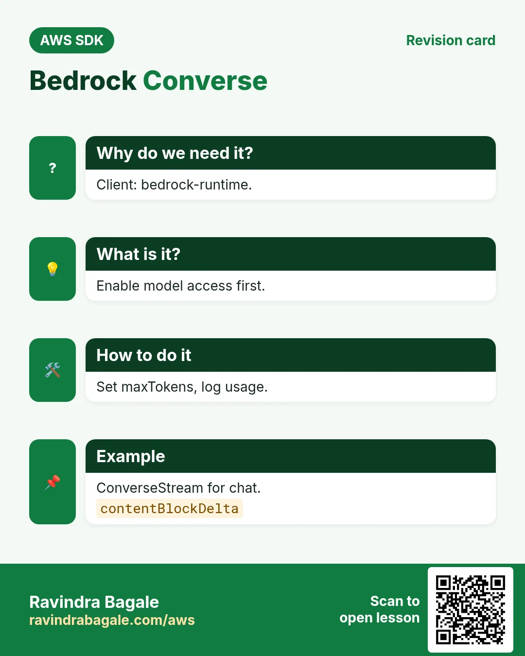 Bedrock Converse. Client: bedrock-runtime. Enable model access first. Set maxTokens, log usage. ConverseStream for chat.