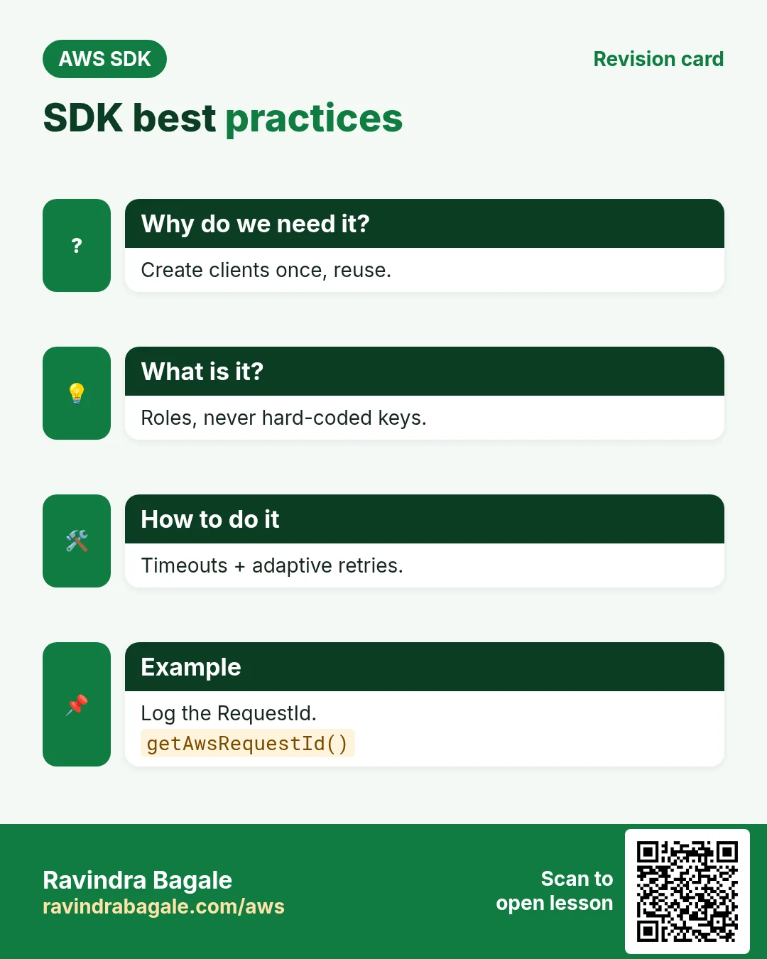 SDK best practices. Create clients once, reuse. Roles, never hard-coded keys. Timeouts + adaptive retries. Log the RequestId.