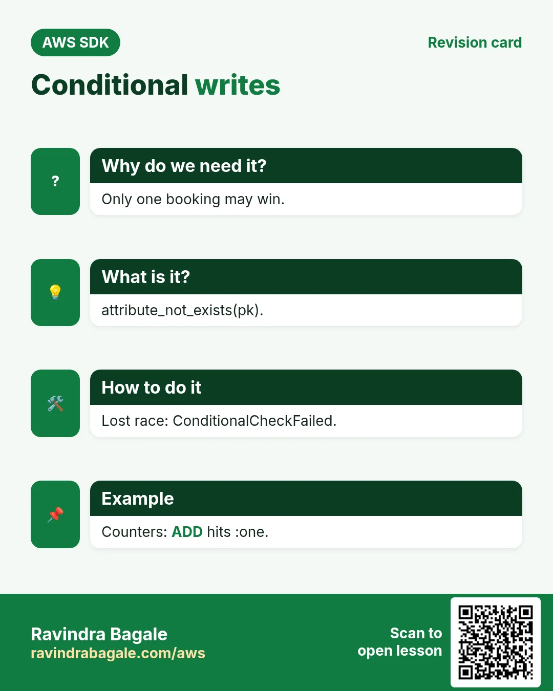Conditional writes. Only one booking may win. attribute_not_exists(pk). Lost race: ConditionalCheckFailed. Counters: ADD hits :one.