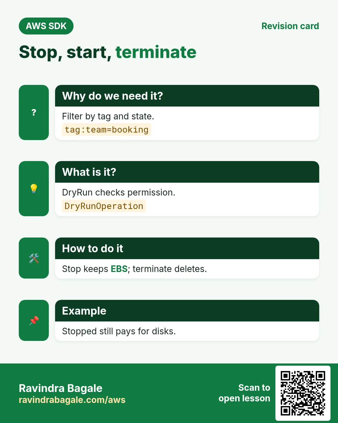 Stop, start, terminate. Filter by tag and state. DryRun checks permission. Stop keeps EBS; terminate deletes. Stopped still pays for disks.