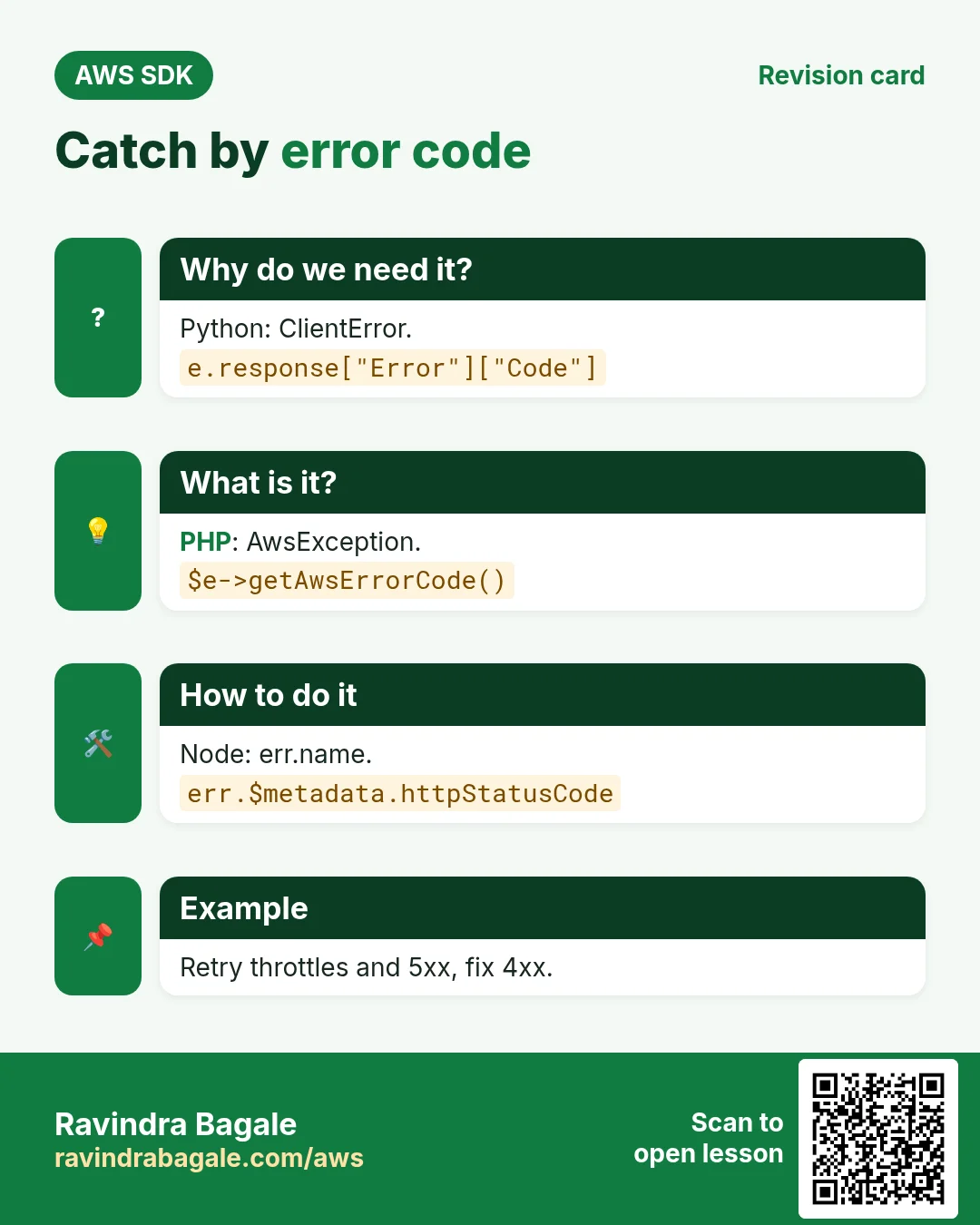 Catch by error code. Python: ClientError. PHP: AwsException. Node: err.name. Retry throttles and 5xx, fix 4xx.