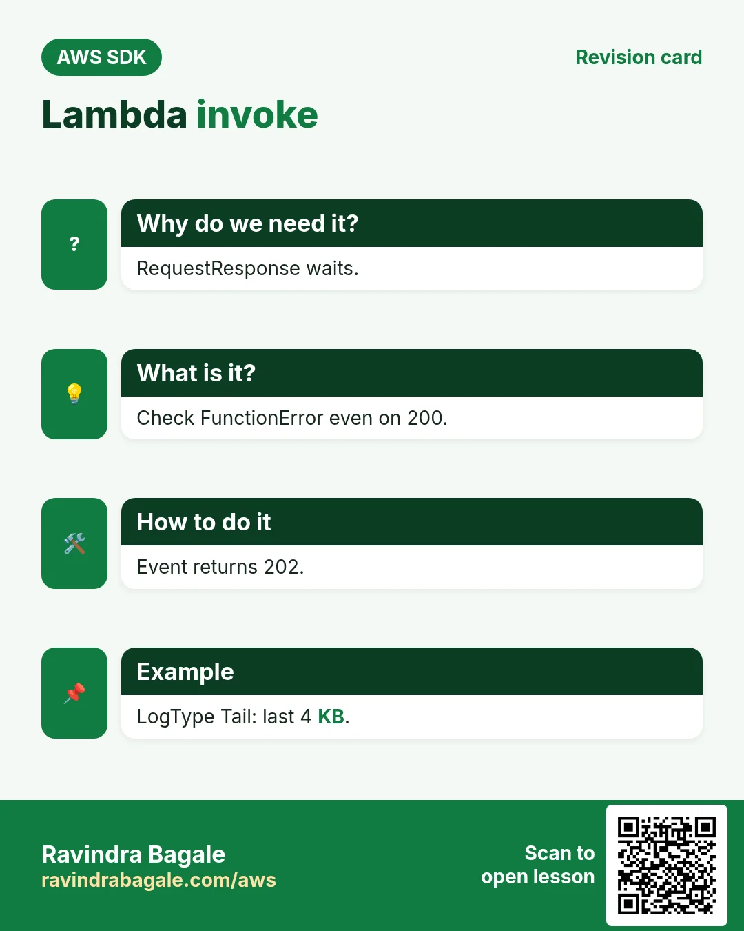 Lambda invoke. RequestResponse waits. Check FunctionError even on 200. Event returns 202. LogType Tail: last 4 KB.