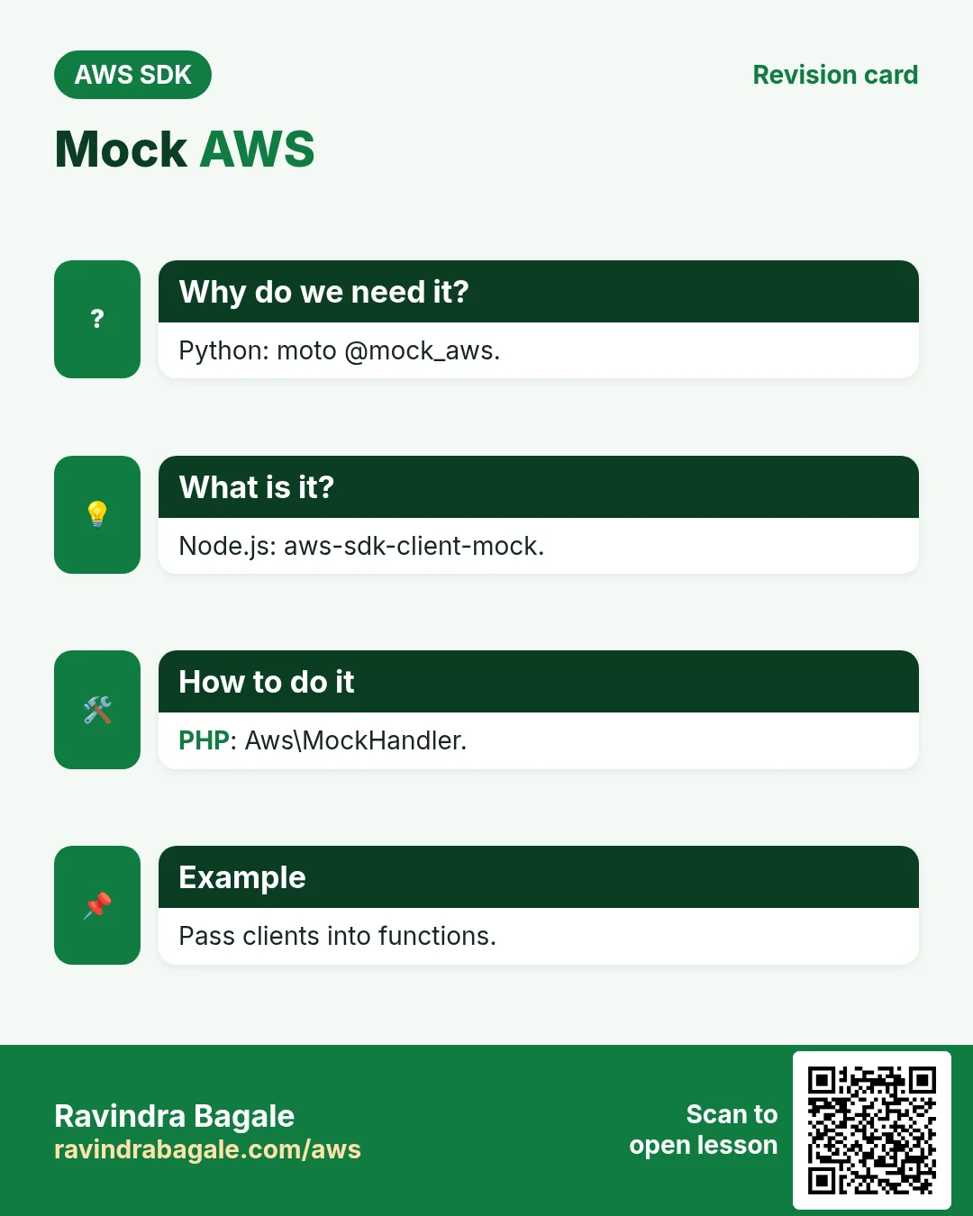 Mock AWS. Python: moto @mock_aws. Node.js: aws-sdk-client-mock. PHP: Aws\MockHandler. Pass clients into functions.