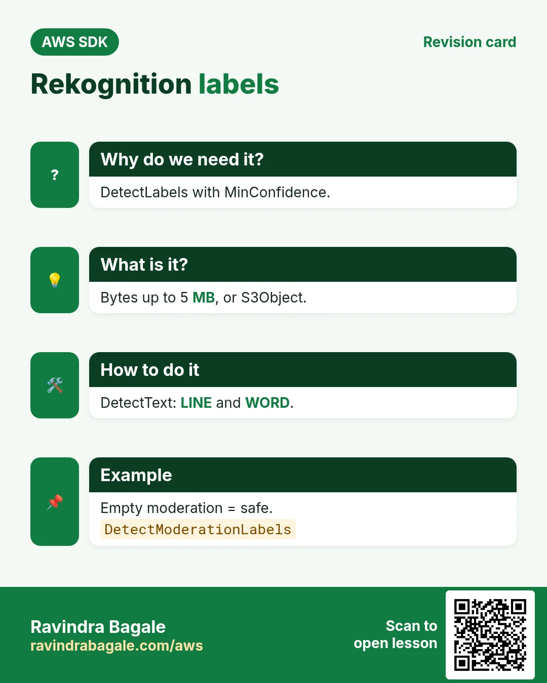 Rekognition labels. DetectLabels with MinConfidence. Bytes up to 5 MB, or S3Object. DetectText: LINE and WORD. Empty moderation = safe.