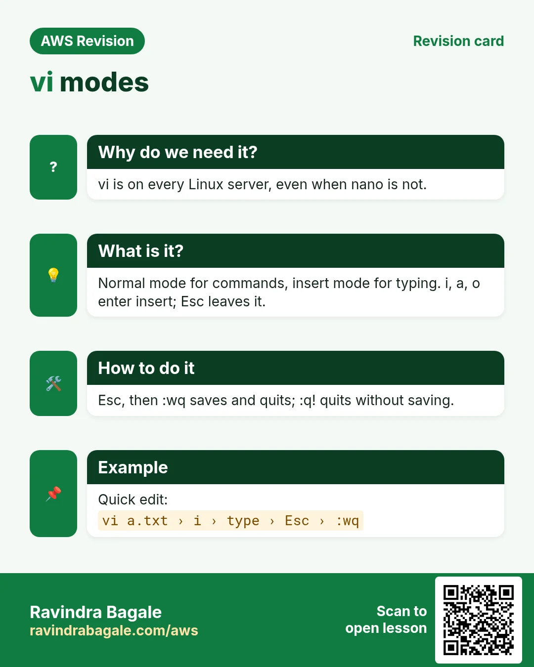 Revision card: vi modes. vi is on every Linux server, even when nano is not. Normal mode for commands, insert mode for typing. i, a, o enter insert; Esc leaves it. Esc, then :wq saves and quits; :q! quits without saving. Quick edit: