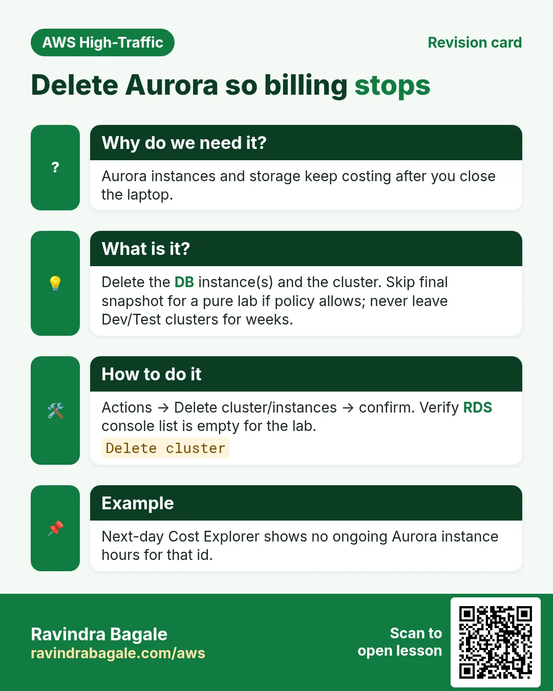 Revision card: Delete Aurora so billing stops. Aurora instances and storage keep costing after you close the laptop. Delete the DB instance(s) and the cluster. Skip final snapshot for a pure lab if policy allows; never leave Dev/Test clusters for weeks. Actions → Delete cluster/instances → confirm. Verify RDS console list is empty for the lab. Next-day Cost Explorer shows no ongoing Aurora instance hours for that id.