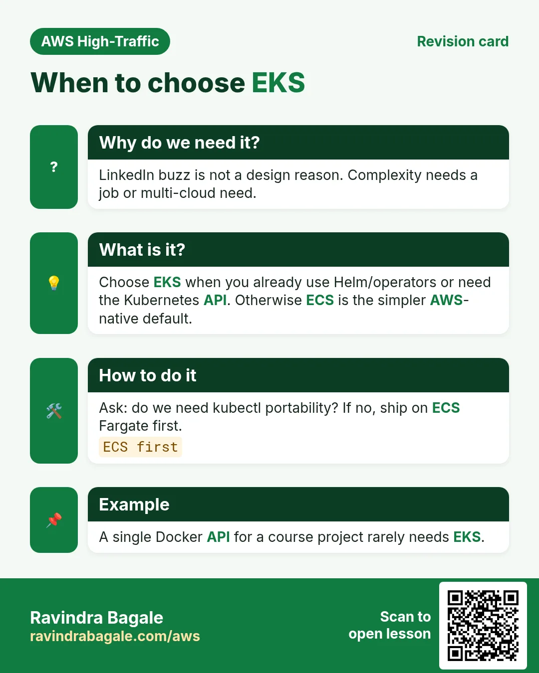 Revision card: When to choose EKS. LinkedIn buzz is not a design reason. Complexity needs a job or multi-cloud need. Choose EKS when you already use Helm/operators or need the Kubernetes API. Otherwise ECS is the simpler AWS-native default. Ask: do we need kubectl portability? If no, ship on ECS Fargate first. A single Docker API for a course project rarely needs EKS.