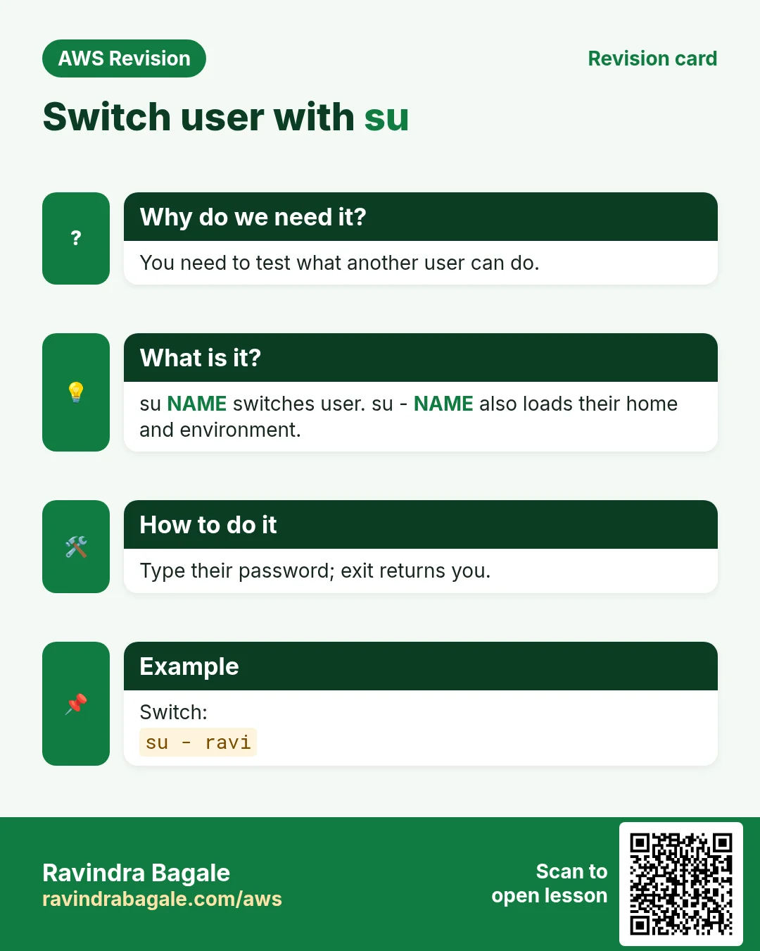 Revision card: Switch user with su. You need to test what another user can do. su NAME switches user. su - NAME also loads their home and environment. Type their password; exit returns you. Switch:
