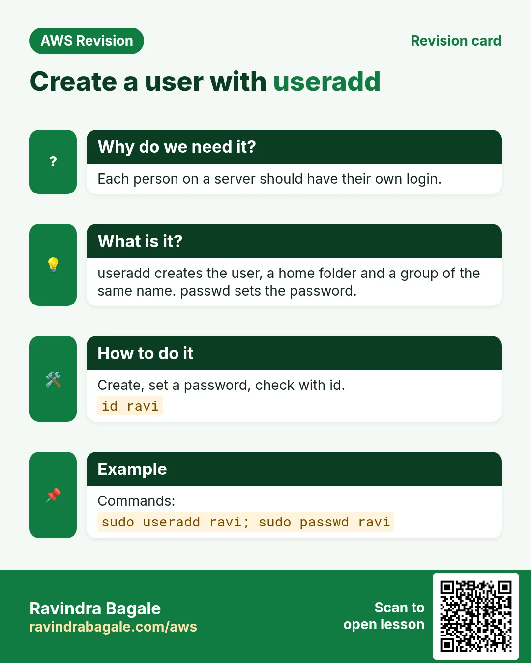 Revision card: Create a user with useradd. Each person on a server should have their own login. useradd creates the user, a home folder and a group of the same name. passwd sets the password. Create, set a password, check with id. Commands: