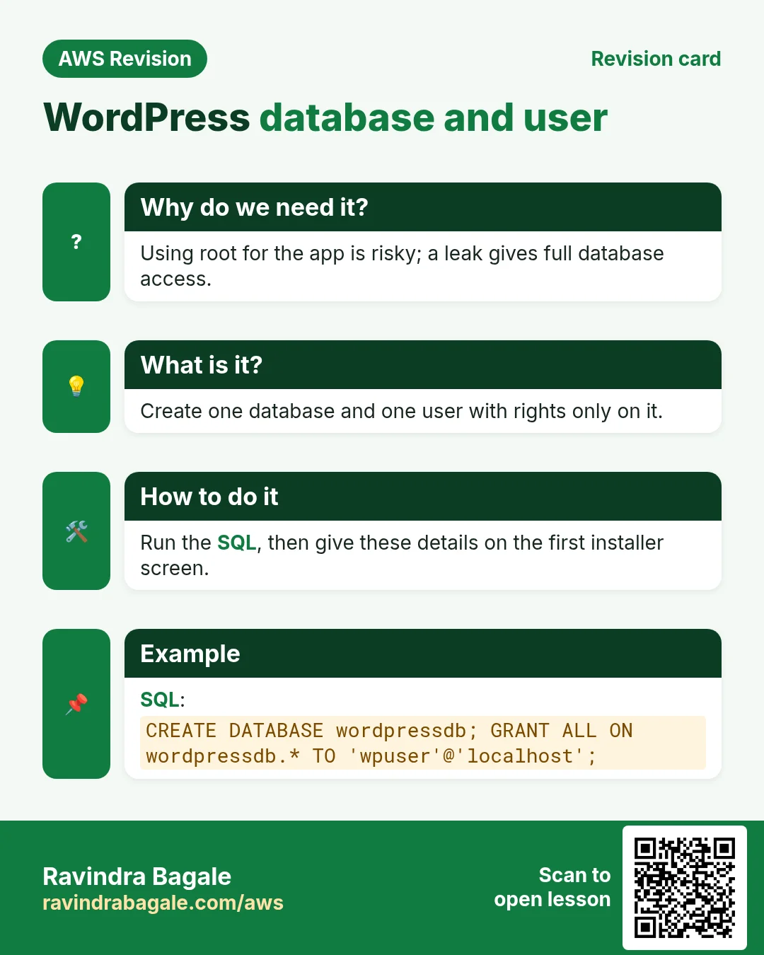 Revision card: WordPress database and user. Using root for the app is risky; a leak gives full database access. Create one database and one user with rights only on it. Run the SQL, then give these details on the first installer screen. SQL: