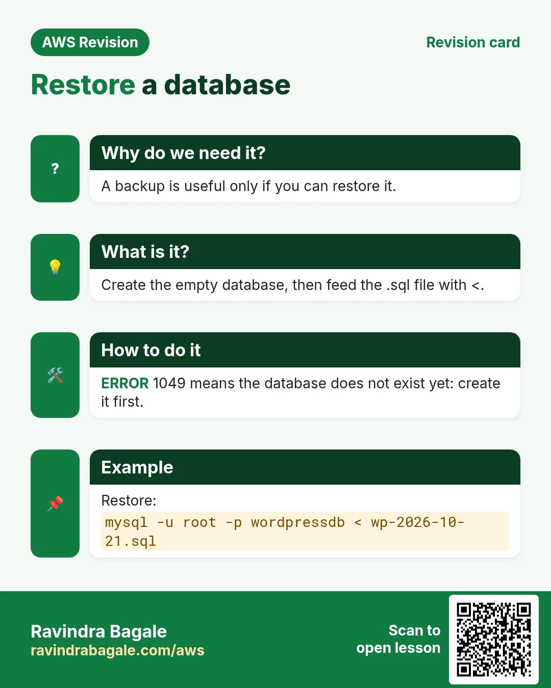 Revision card: Restore a database. A backup is useful only if you can restore it. Create the empty database, then feed the .sql file with <. ERROR 1049 means the database does not exist yet: create it first. Restore: