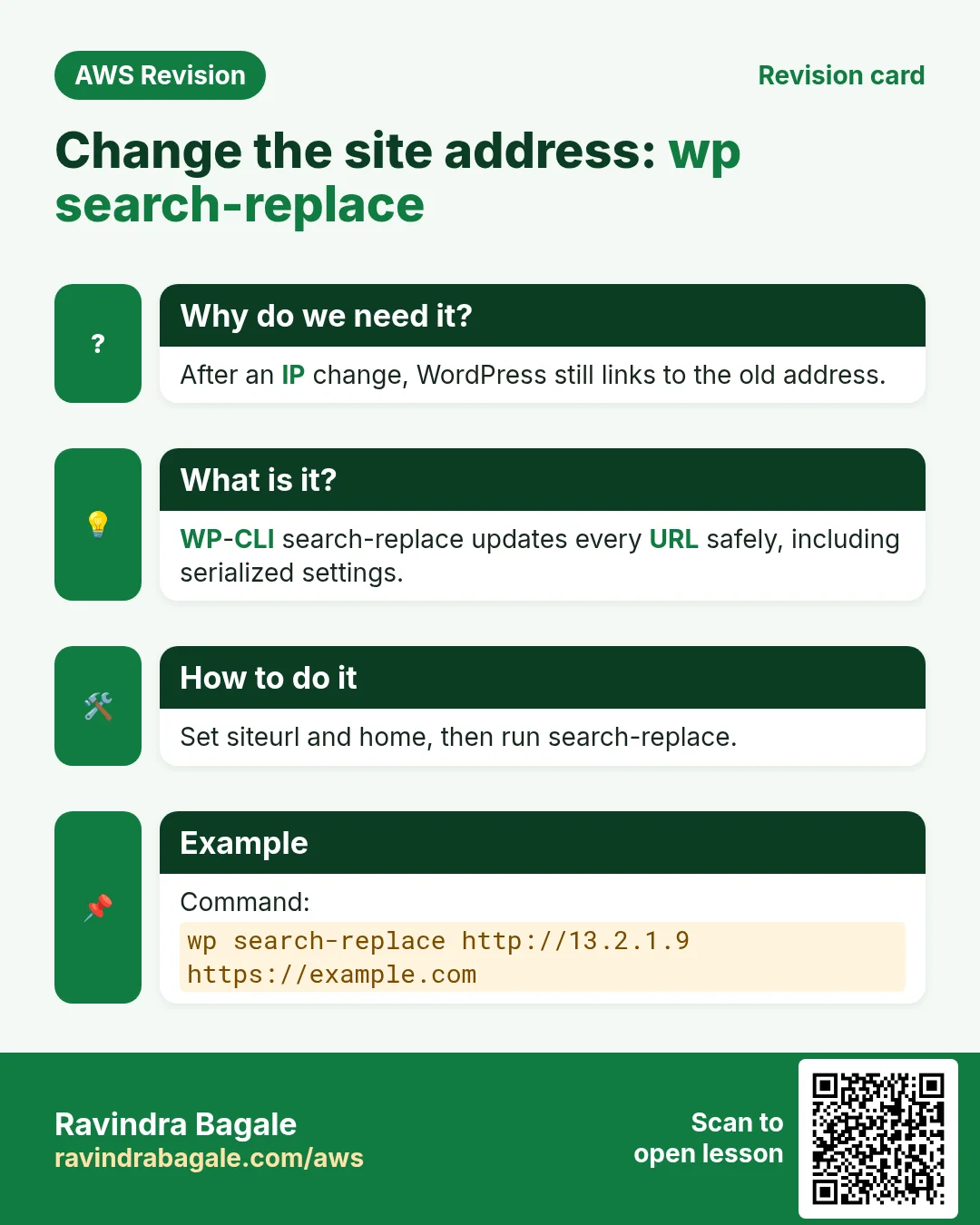 Revision card: Change the site address: wp search-replace. After an IP change, WordPress still links to the old address. WP-CLI search-replace updates every URL safely, including serialized settings. Set siteurl and home, then run search-replace. Command: