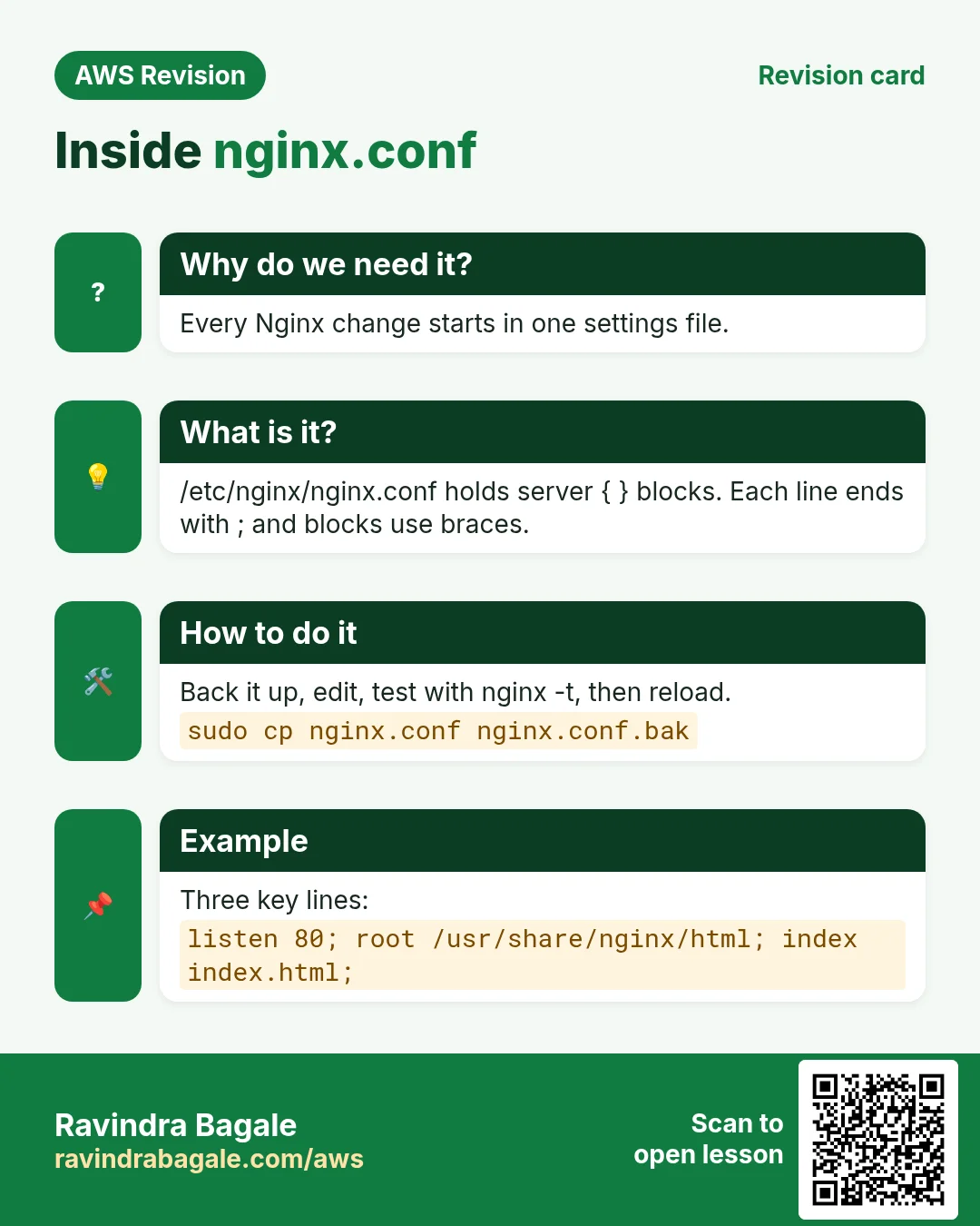 Revision card: Inside nginx.conf. Every Nginx change starts in one settings file. /etc/nginx/nginx.conf holds server { } blocks. Each line ends with ; and blocks use braces. Back it up, edit, test with nginx -t, then reload. Three key lines: