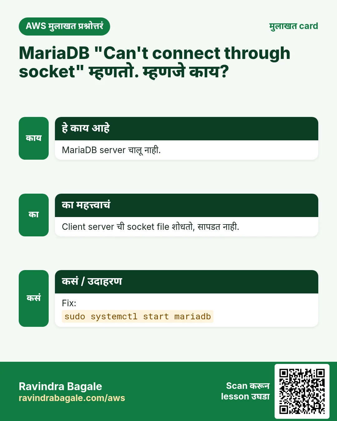 मुलाखत card: MariaDB "Can't connect through socket" म्हणतो. म्हणजे काय?. MariaDB server चालू नाही. Client server ची socket file शोधतो, सापडत नाही. Fix: