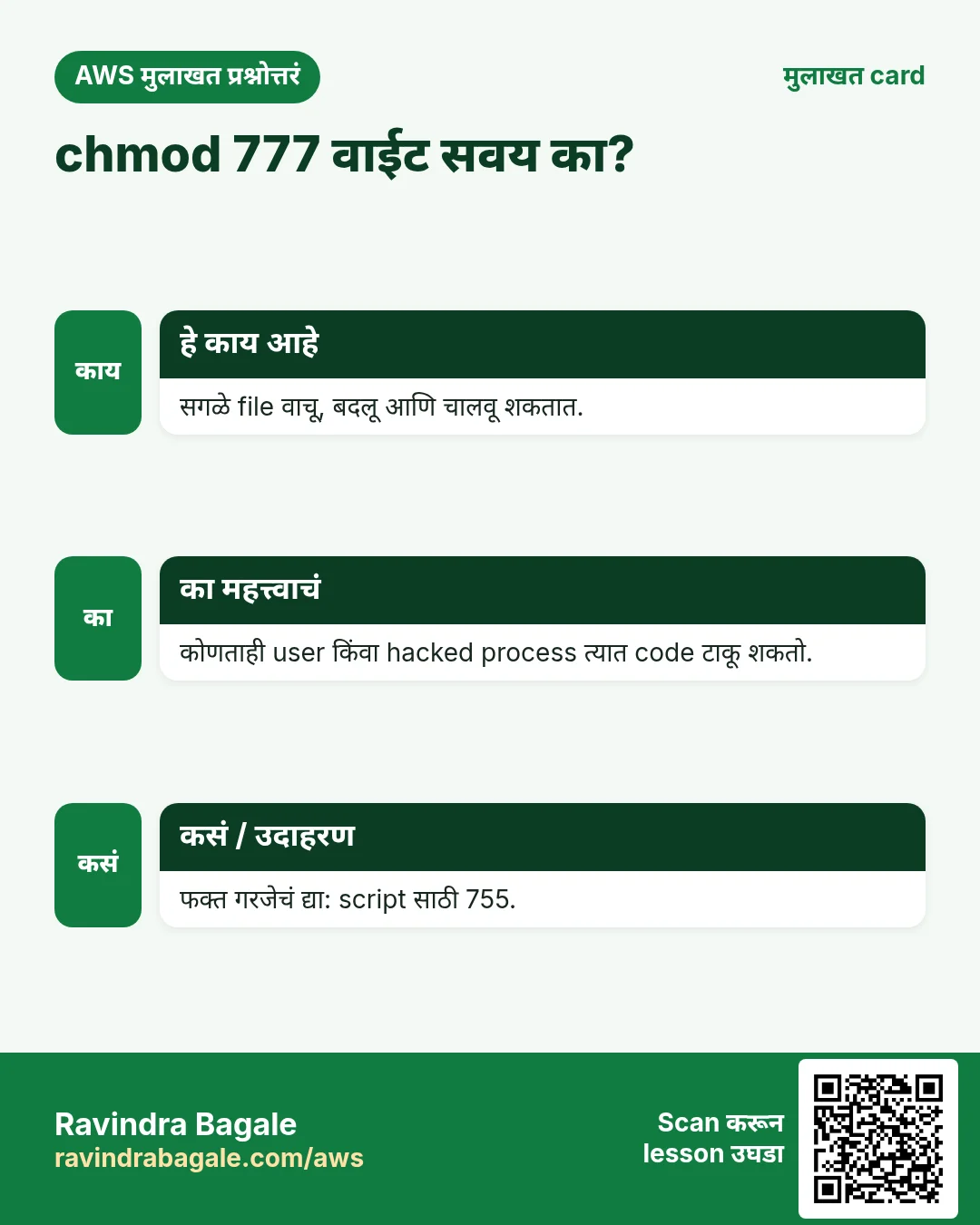 मुलाखत card: chmod 777 वाईट सवय का?. सगळे file वाचू, बदलू आणि चालवू शकतात. कोणताही user किंवा hacked process त्यात code टाकू शकतो. फक्त गरजेचं द्या: script साठी 755.