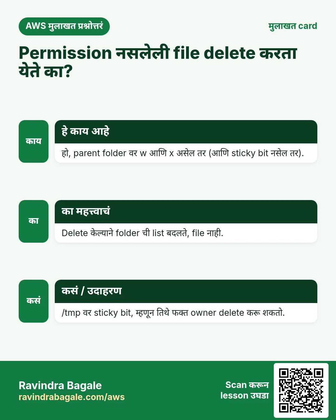 मुलाखत card: Permission नसलेली file delete करता येते का?. हो, parent folder वर w आणि x असेल तर (आणि sticky bit नसेल तर). Delete केल्याने folder ची list बदलते, file नाही. /tmp वर sticky bit, म्हणून तिथे फक्त owner delete करू शकतो.